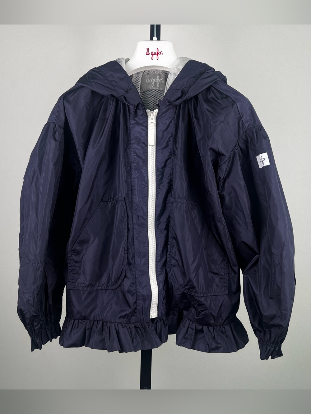 Il Gufo Girls Hooded Windbreaker, Rain Jacket with Ruffle Hem, Navy, 10Y